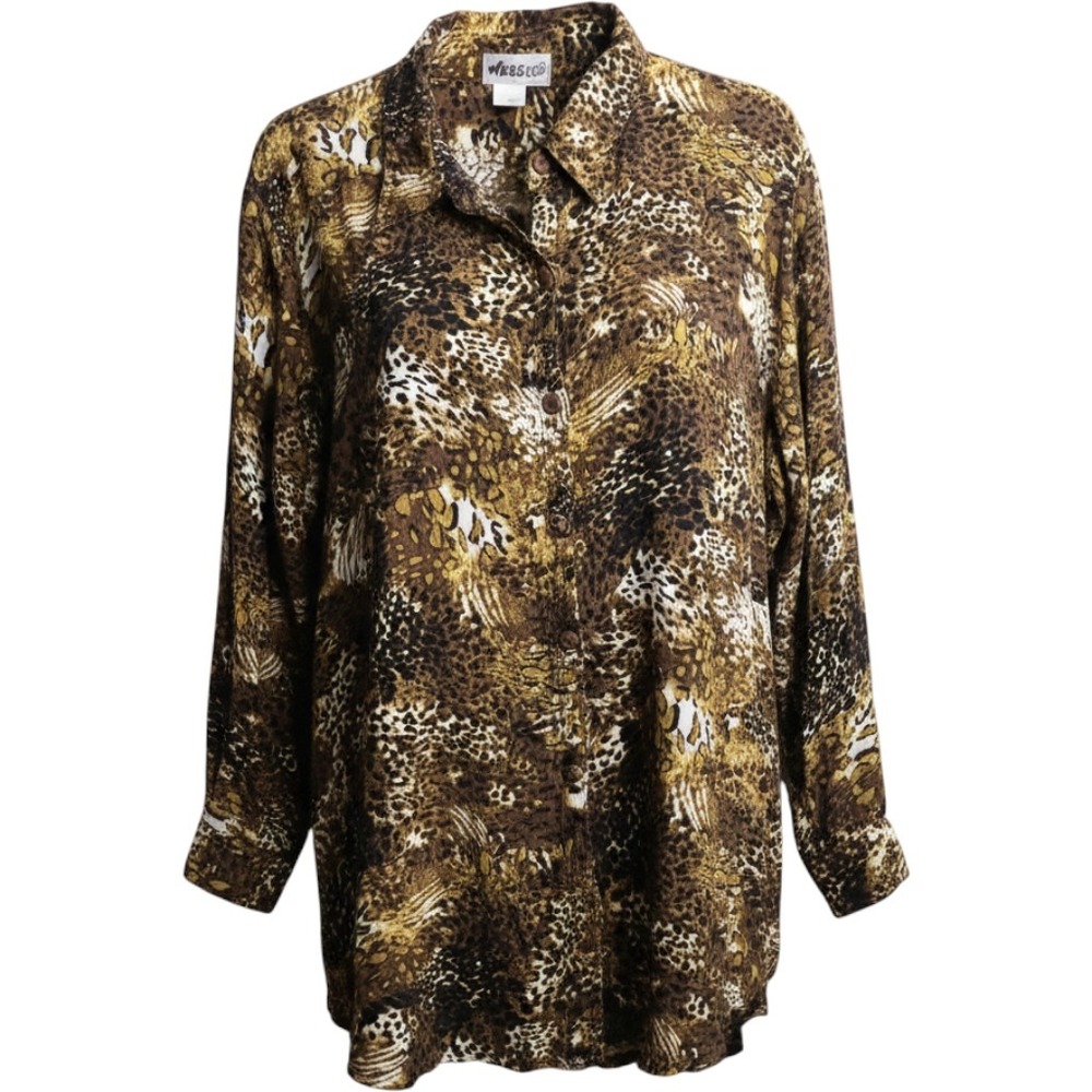 We Be Bop Womens 3X Animal Print Button Down Shirt Brown Leopard Crinkle Rayon